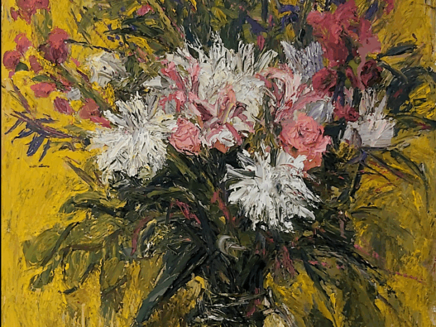 ramo blanco y rosa fondo amarillo, 50x70 cm oleo sobre papel